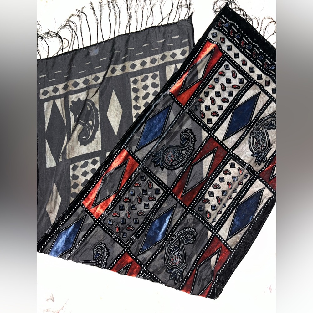 Scarf in velvet and sheer black rayon. Red and navy velvet. Tassel ends. 63x20”